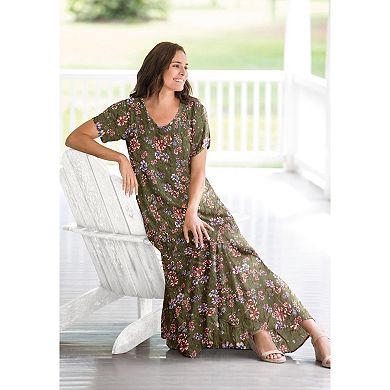 Woman Within Plus Size Printed Short-Sleeve Crinkle Maxi Dress