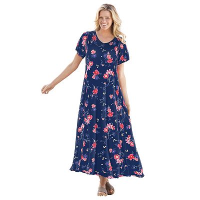 Woman Within Short-Sleeve Crinkle Dress - 1X, Navy Garden Border
