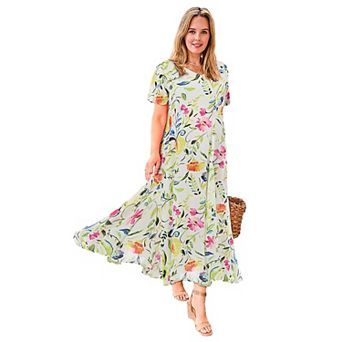 Woman Within Plus Size Printed Short-Sleeve Crinkle Maxi Dress