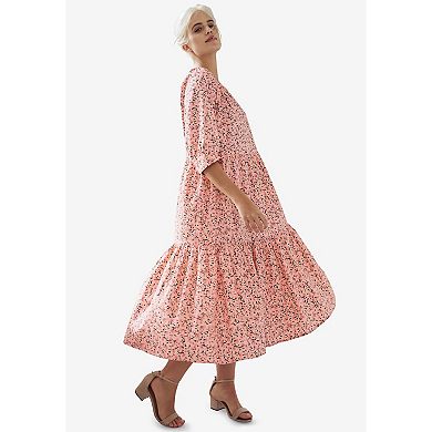 ellos Plus Size Tiered Cotton Midi Dress