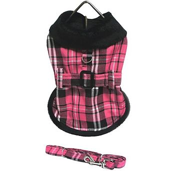 Doggie Design Pink Classic Plaid Wool/faux Fur Collared Harness Coat W/leash For Dogs