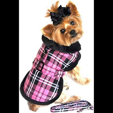 Doggie Design Pink Classic Plaid Wool/faux Fur Collared Harness Coat W/leash For Dogs