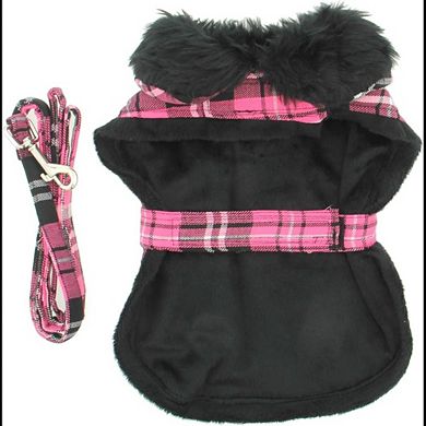Doggie Design Pink Classic Plaid Wool/faux Fur Collared Harness Coat W/leash For Dogs