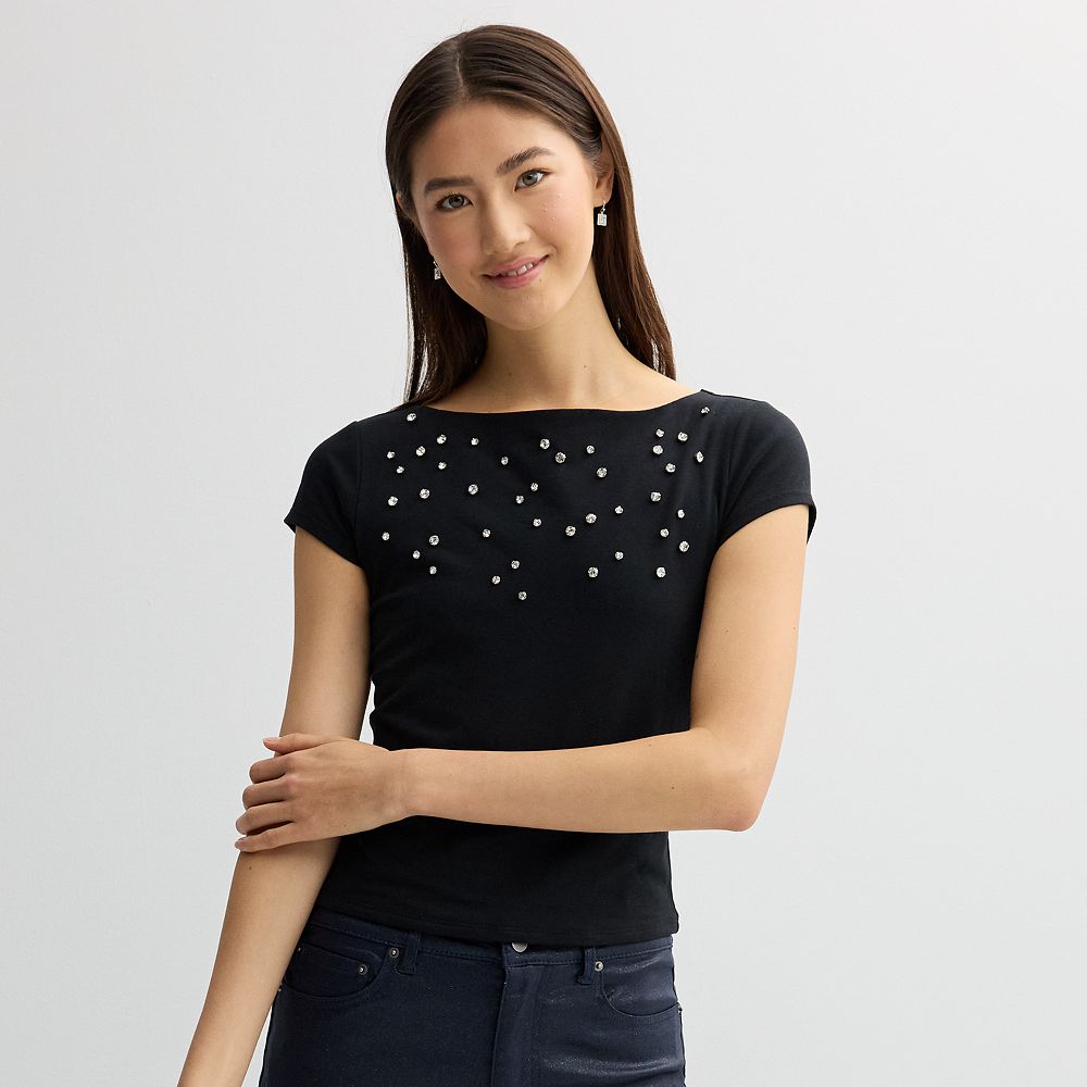 Juniors' madden girl Boat Neck Rhinestone Tee
