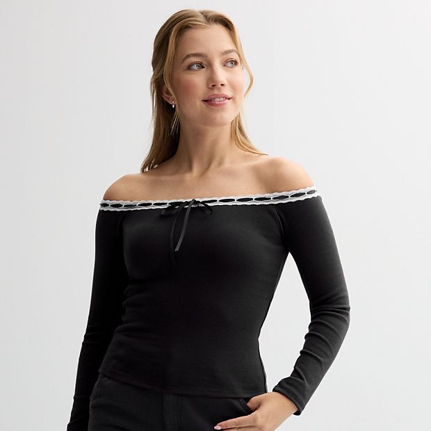 Juniors madden girl Long Sleeve Off The Shoulder Top with Contrast