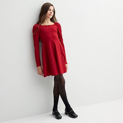Girls 6-20 SO Long Sleeve Square Neck Skater Dress in Regular & Plus Size