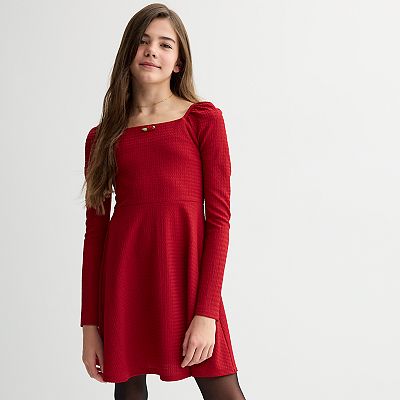 Girls 6-20 SO Long Sleeve Square Neck Skater Dress in Regular & Plus Size