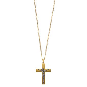 Kristen Kesho Stainless Steel Black and Gold Plated Crucifix Curb Chain Pendant Necklace