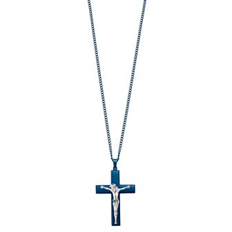 Kristen Kesho Stainless Steel Blue Plated Crucifix Curb Chain Pendant Necklace