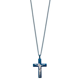 Kristen Kesho Stainless Steel Blue Plated Crucifix Curb Chain Pendant Necklace
