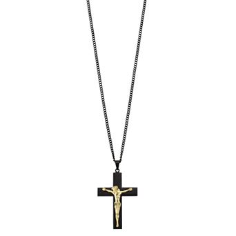 Kristen Kesho Stainless Steel Black and Gold Plated Crucifix Curb Chain Pendant Necklace