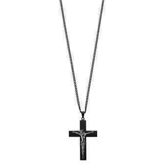 Kristen Kesho Stainless Steel Black Plated Crucifix Curb Chain Pendant Necklace