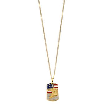 Kristen Kesho Stainless Steel Yellow Plated Crystal Eagle American Flag Dog Tag Curb Chain Pendant Necklace