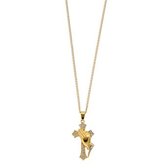 Kristen Kesho Stainless Steel Gold Plated Cross with Praying Hands Pendant Necklace