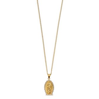 Kristen Kesho Stainless Steel Yellow Plated with Crystal Our Lady of Guadalupe Curb Chain Pendant Necklace