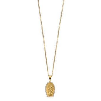 Kristen Kesho Stainless Steel Yellow Plated with Crystal Our Lady of Guadalupe Curb Chain Pendant Necklace