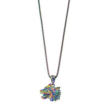 Kristen Kesho Stainless Steel Rainbow Plated Wolf Head Pendant Box Chain Pendant Necklace