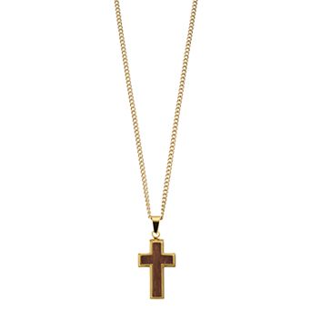Kristen Kesho Stainless Steel Gold Plated with Wood Inlay Cross Pendant Necklace