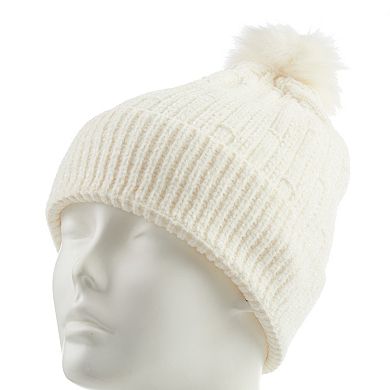 Women's isotoner Chenille Cuff Beanie Hat with Faux Fur Pom