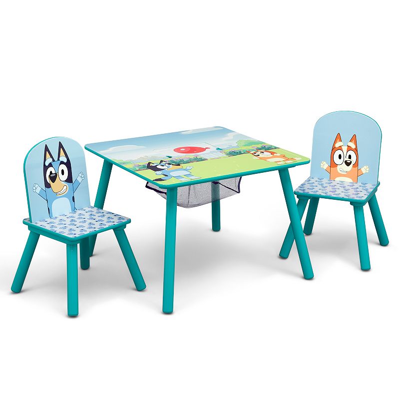 Blue table with two chairs featuring Bluey and Bingo characters