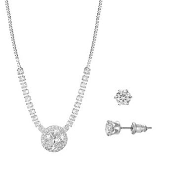 Silver Tone Cubic Zirconia Beaded Chain & Halo Medallion Necklace & Stud Earrings Set