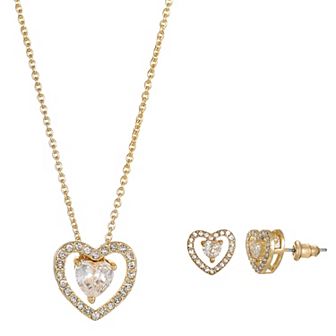 Gold Tone Cubic Zirconia Heart Halo Necklace & Stud Earrings Set