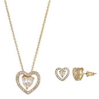Gold Tone Cubic Zirconia Heart Halo Necklace & Stud Earrings Set