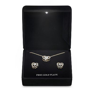 Gold Tone Cubic Zirconia Heart Halo Necklace & Stud Earrings Set