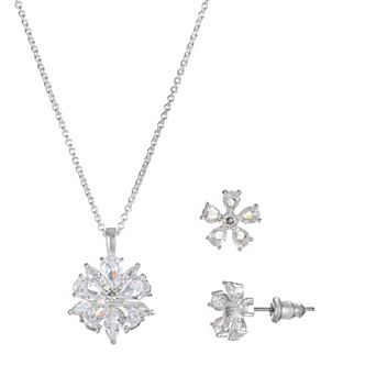 Silver Tone Cubic Zirconia Flower Pendant Necklace & Stud Earrings Set