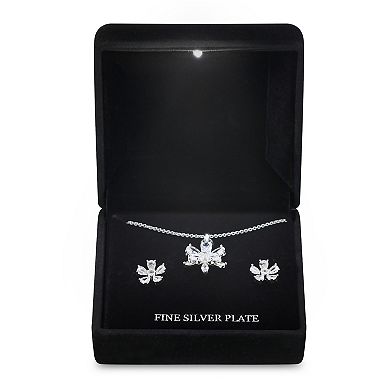 Silver Tone Cubic Zirconia Flower Pendant Necklace & Stud Earrings Set