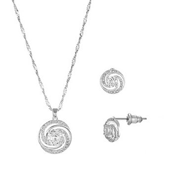 Silver Tone Cubic Zirconia Swirl Halo Necklace & Stud Earrings Set