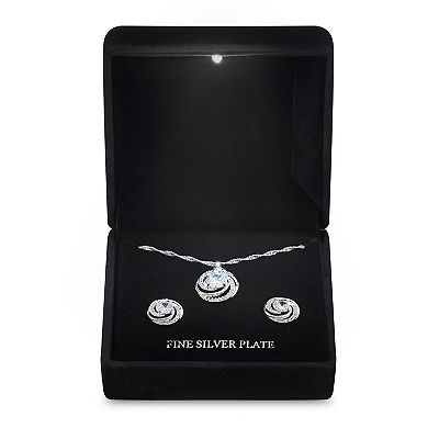 Silver Tone Cubic Zirconia Swirl Halo Necklace & Stud Earrings Set