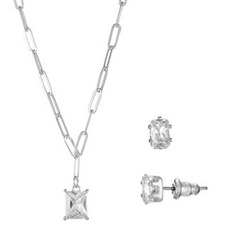 Silver Tone Cubic Zirconia Paperclip Chain Y-Necklace & Stud Earrings Set