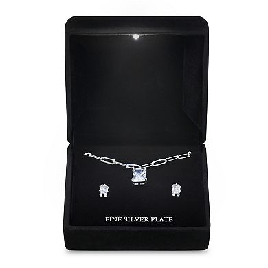 Silver Tone Cubic Zirconia Paperclip Chain Y-Necklace & Stud Earrings Set