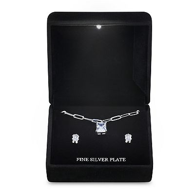 Silver Tone Cubic Zirconia Paperclip Chain Y-Necklace & Stud