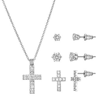 Silver Tone Cubic Zirconia Cross Pedant Necklace & Stud Earrings Trio Set