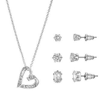Silver Tone Cubic Zirconia Sideways Heart Pendant Necklace & Stud Earrings Trio Set