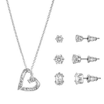 Silver Tone Cubic Zirconia Sideways Heart Pendant Necklace & Stud Earrings Trio Set