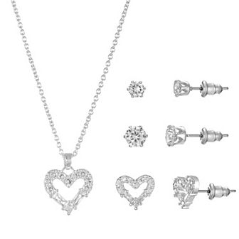 Silver Tone Cubic Zirconia Heart Pendant Necklace & Stud Earrings Trio Set