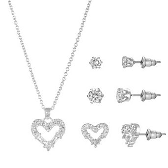 Silver Tone Cubic Zirconia Heart Pendant Necklace & Stud Earrings Trio Set