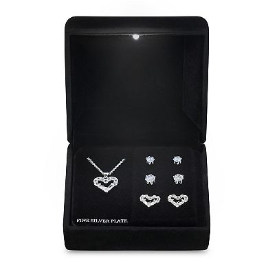 Silver Tone Cubic Zirconia Heart Pendant Necklace & Stud Earrings Trio Set