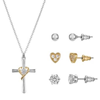 Two-Tone Cubic Zirconia Cross Pendant Necklace & Stud Earrings Trio Set