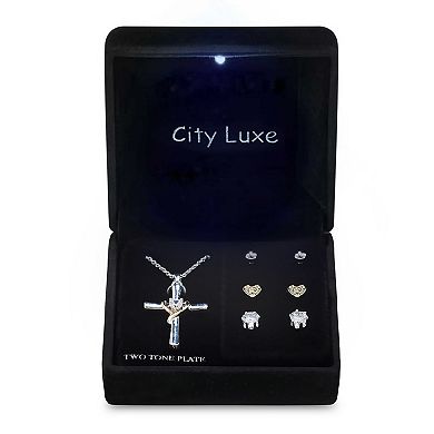 Two-Tone Cubic Zirconia Cross Pendant Necklace & Stud Earrings Trio Set
