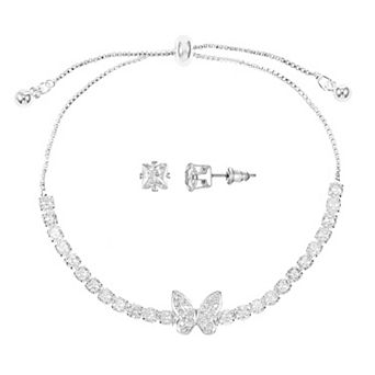 Silver Tone Cubic Zirconia Bracelet & Stud Earring Set