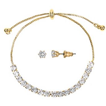 Gold Tone Cubic Zirconia Adjustable Bracelet & Stud Earrings Set