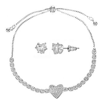 Silver Tone Cubic Zirconia Heart Adjustable Bracelet & Stud Earrings Set