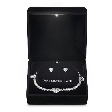 Silver Tone Cubic Zirconia Heart Adjustable Bracelet & Stud Earrings Set
