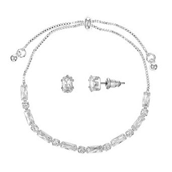 Silver Tone Cubic Zirconia Adjustable Bracelet & Stud Earrings Set