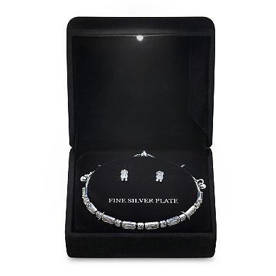 Silver Tone Cubic Zirconia Adjustable Bracelet & Stud Earrings Set