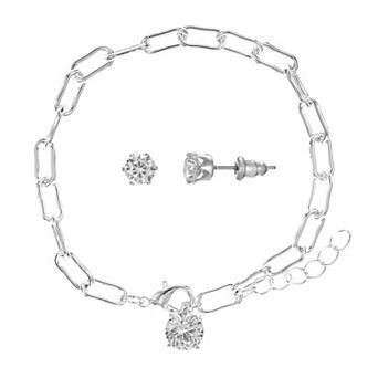 Silver Tone Cubic Zirconia Paperclip Chain Bracelet & Stud Earrings Set